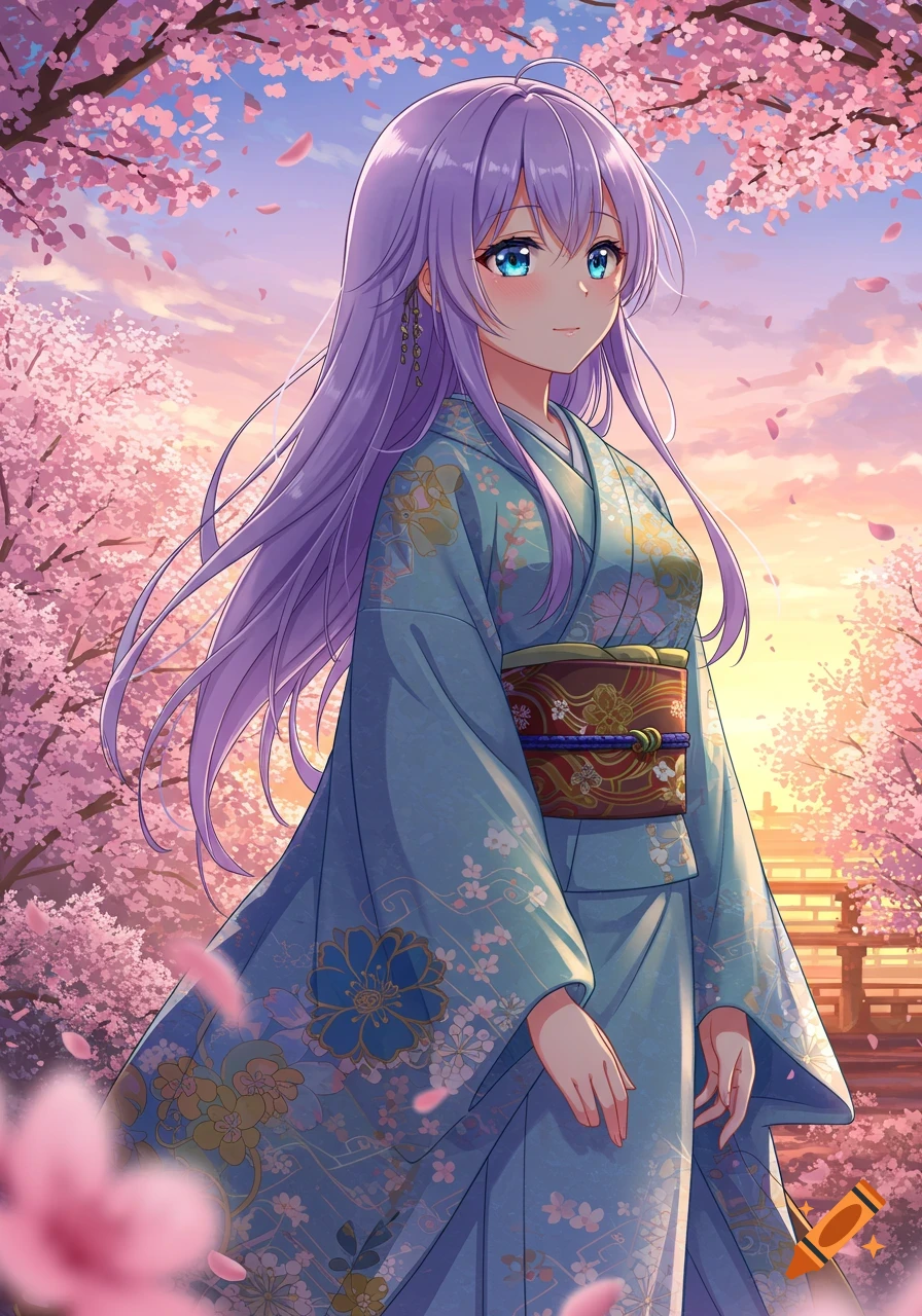An anime girl with long purple hair and blue eyes wears a detailed blue kimono, standing under pink cherry blossoms at sunset.