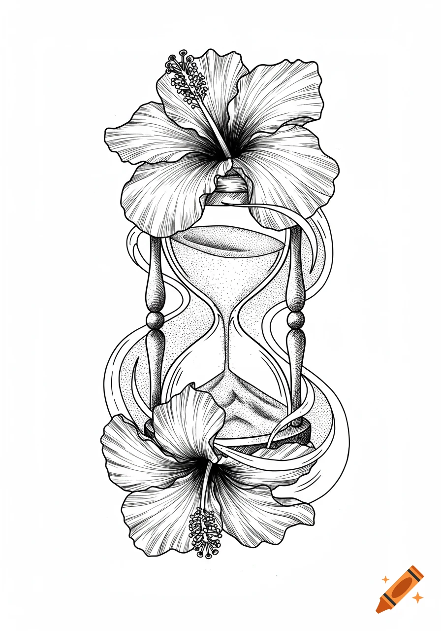 Detailed black and white linear illustration of an hourglass surrounded by hibiscus flowers, with sand flowing into petals.