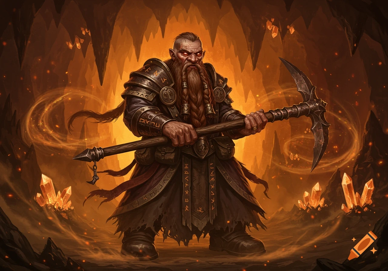 A fierce dwarf warlock with red eyes and braided beard holds a warpick in a glowing cave filled with crystals, fantasy art.