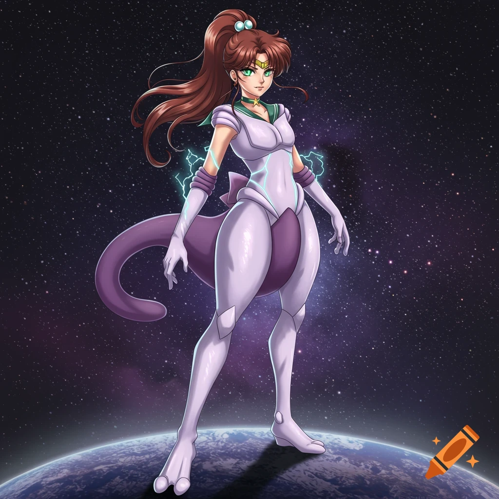 Sailor Jupiter in a white and purple Mewtwo costume with electric bolts, standing on a planet against a starry space background, anime style.
