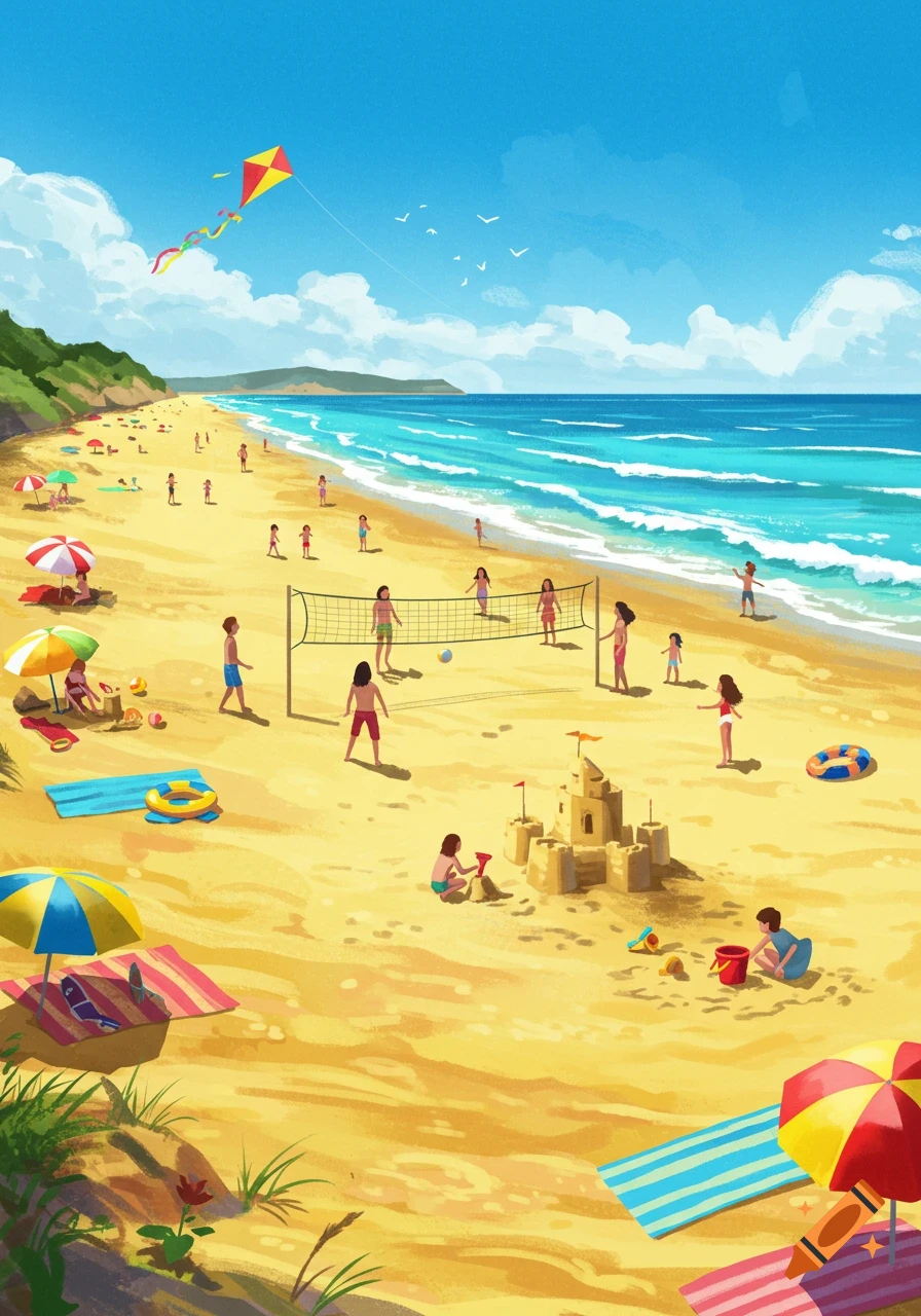 A vibrant illustration of a busy summer beach with people playing volleyball, building sandcastles, swimming, and relaxing under colorful umbrellas.
