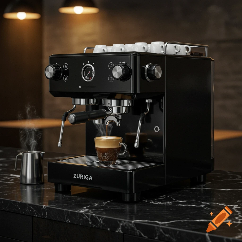 A sleek black espresso machine, with 'ZURIGA' branding, pouring coffee into a clear glass cup on a marble counter.