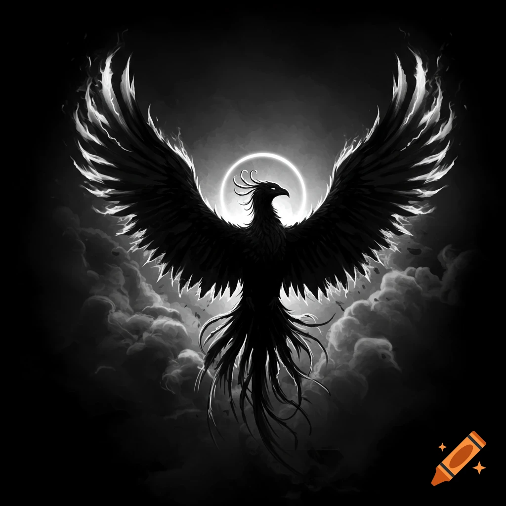 A striking black and white silhouette of a burning dark phoenix with wings spread against a cloudy, dark background and a glowing halo.