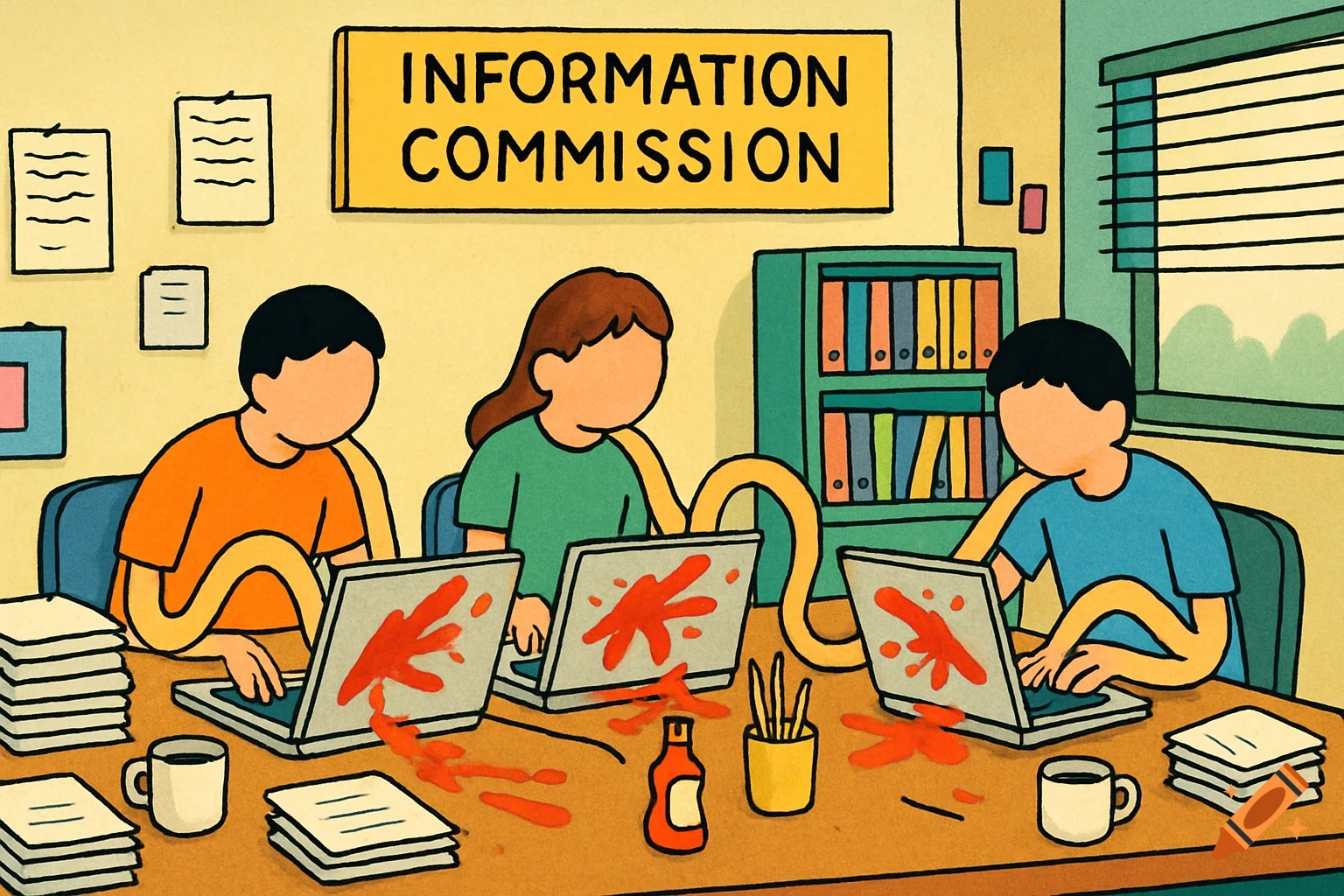 Cartoon illustration of three students with noodles instead of hands, smearing red sauce on laptops at the 'Information Commission'.