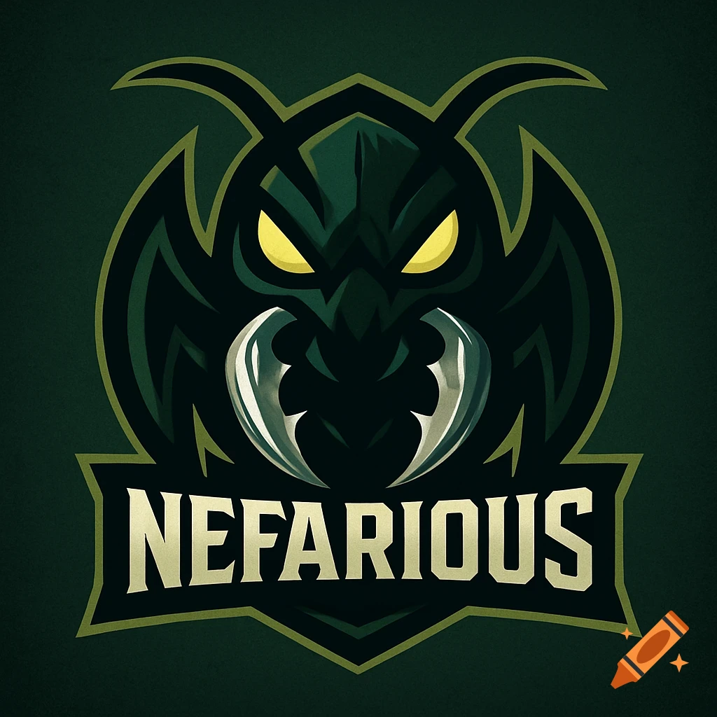An intimidating green and gold logo features a stylized, menacing bug-like creature with glowing yellow eyes and sharp mandibles, with the word 'NEFARIOUS' in bold, chiseled letters on a banner below.