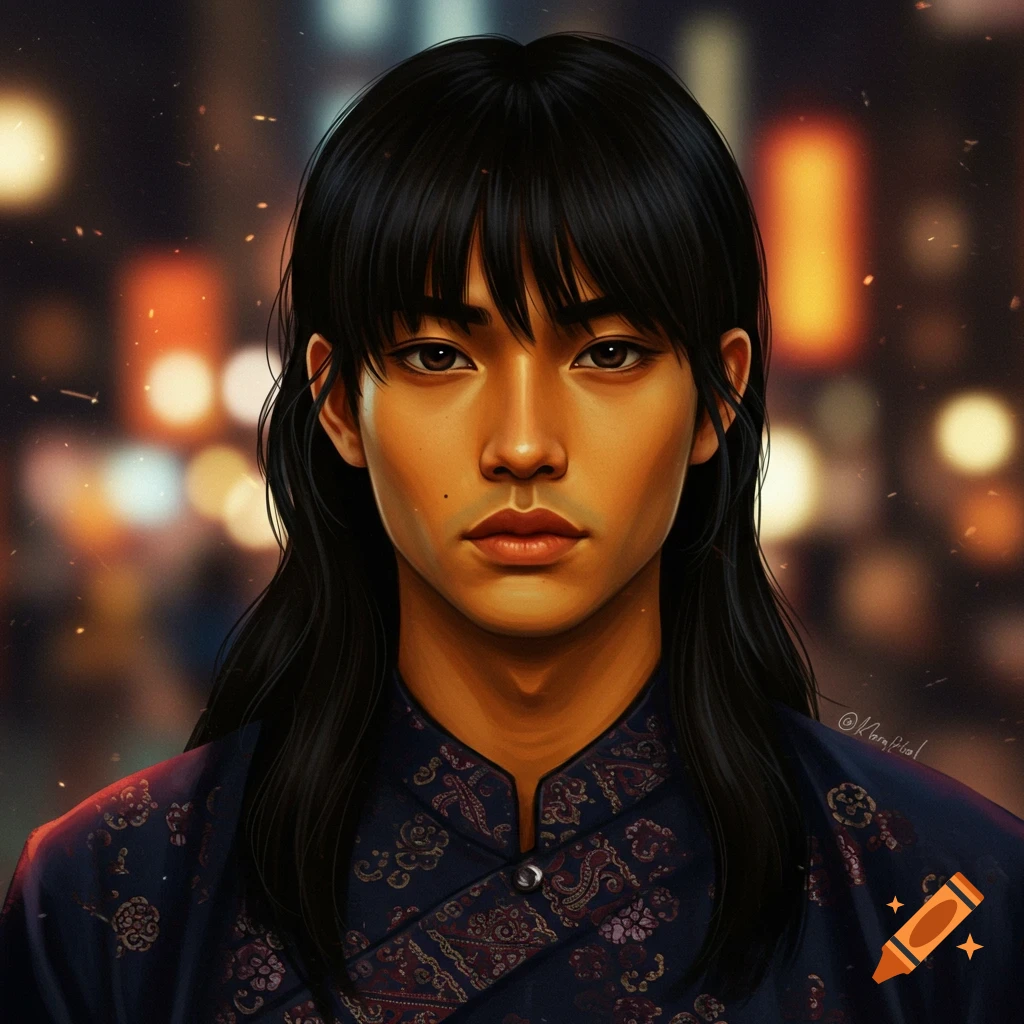 Digital painting portrait of a young person with long black hair, dark eyes, and dark skin, wearing a patterned blue shirt, against blurred city lights.