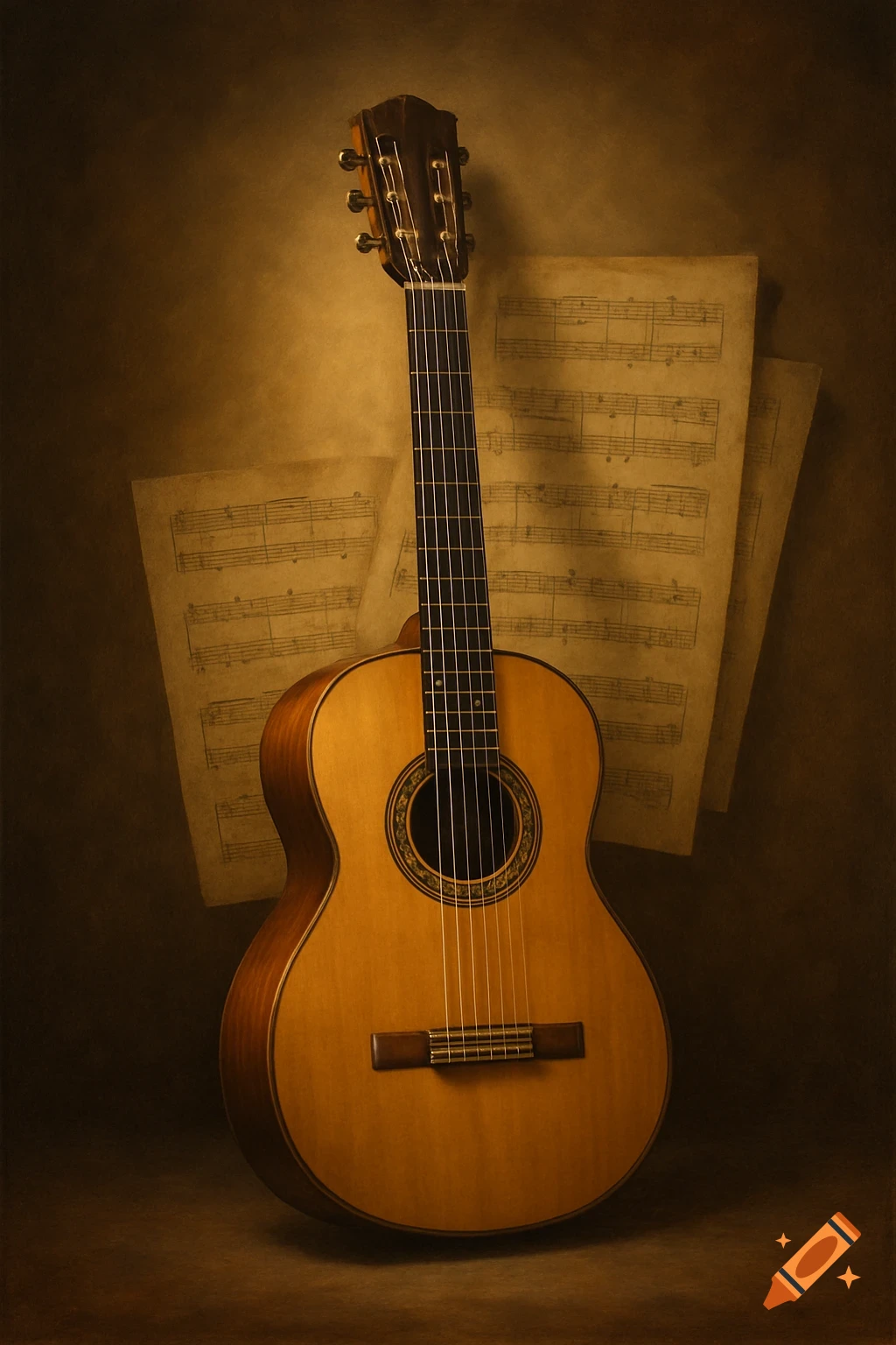 A classic wooden acoustic guitar stands before aged sheets of musical notation in warm, sepia-toned light.