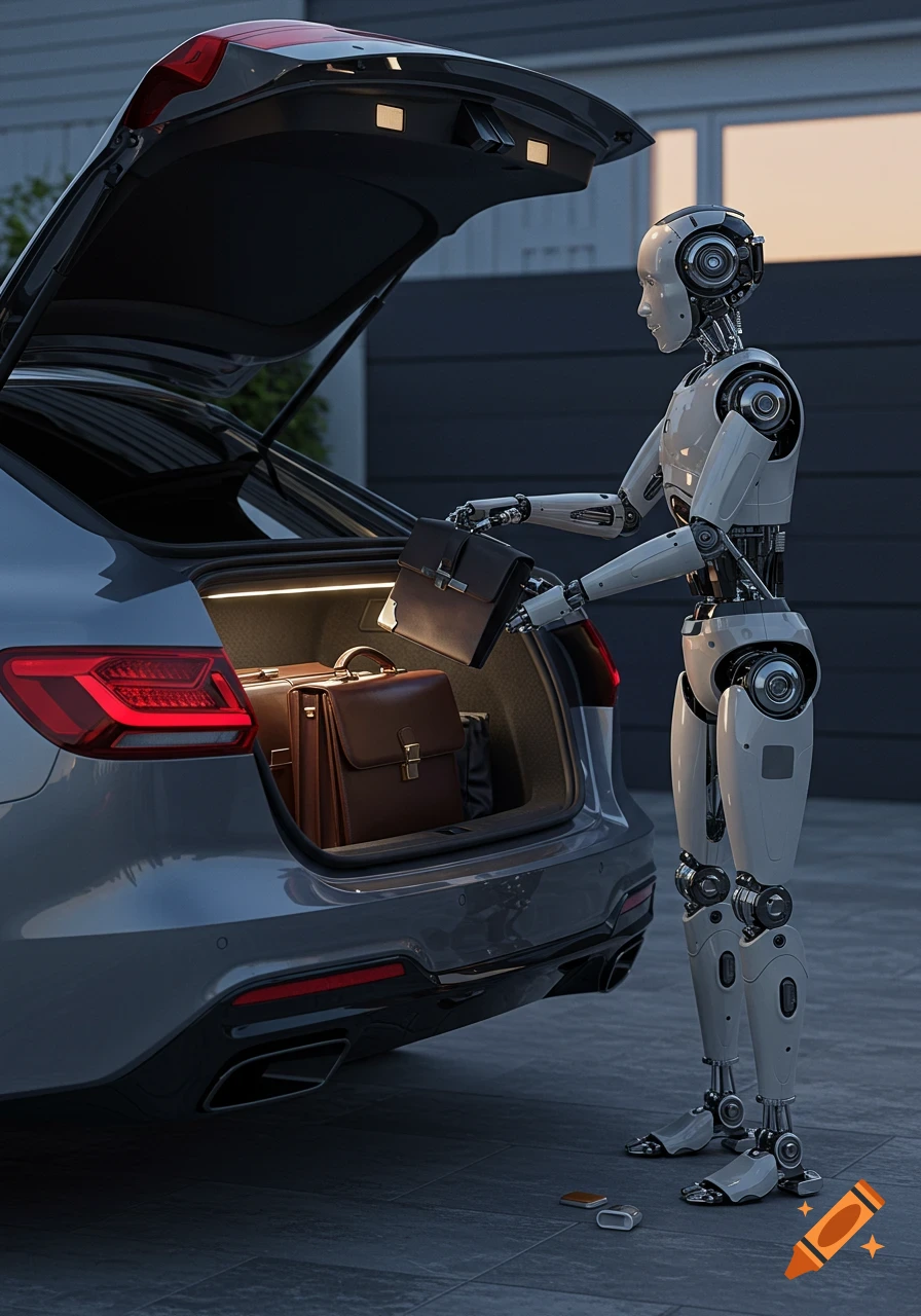 A photorealistic robot loads brown leather briefcases and luggage into the open trunk of a gray car.