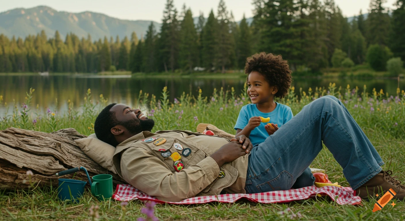 A smiling Black man lies on a log on a picnic blanket with a young Black boy by a serene lake, surrounded by mountains and trees.