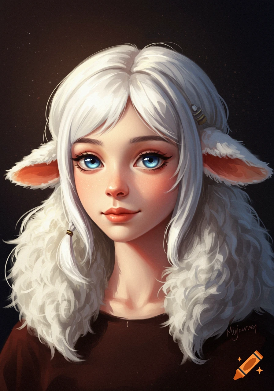 Digital portrait of a fantasy character with white hair, blue eyes, and fluffy sheep ears, set against a dark background.