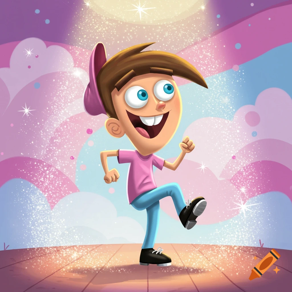 Timmy Turner from Fairly OddParents, dressed in a pink t-shirt and blue pants, tap dances on a sparkly stage.