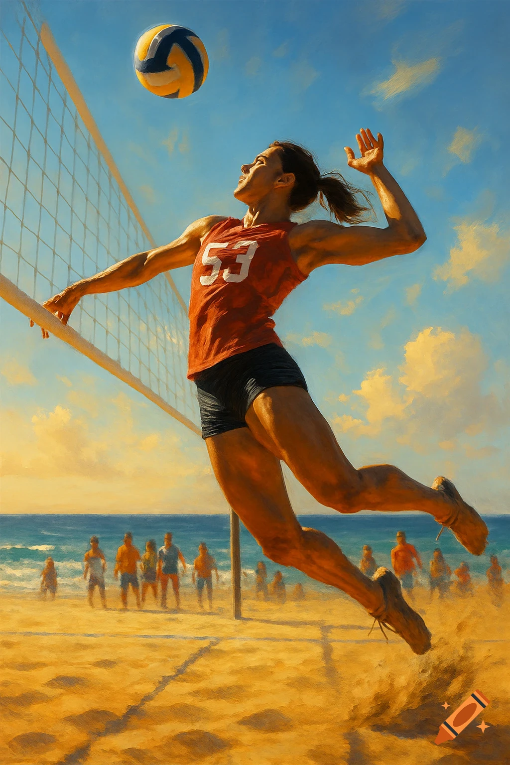 A female volleyball player with '53' on her red jersey jumps to spike a ball over a net on a sunny beach, painterly style.