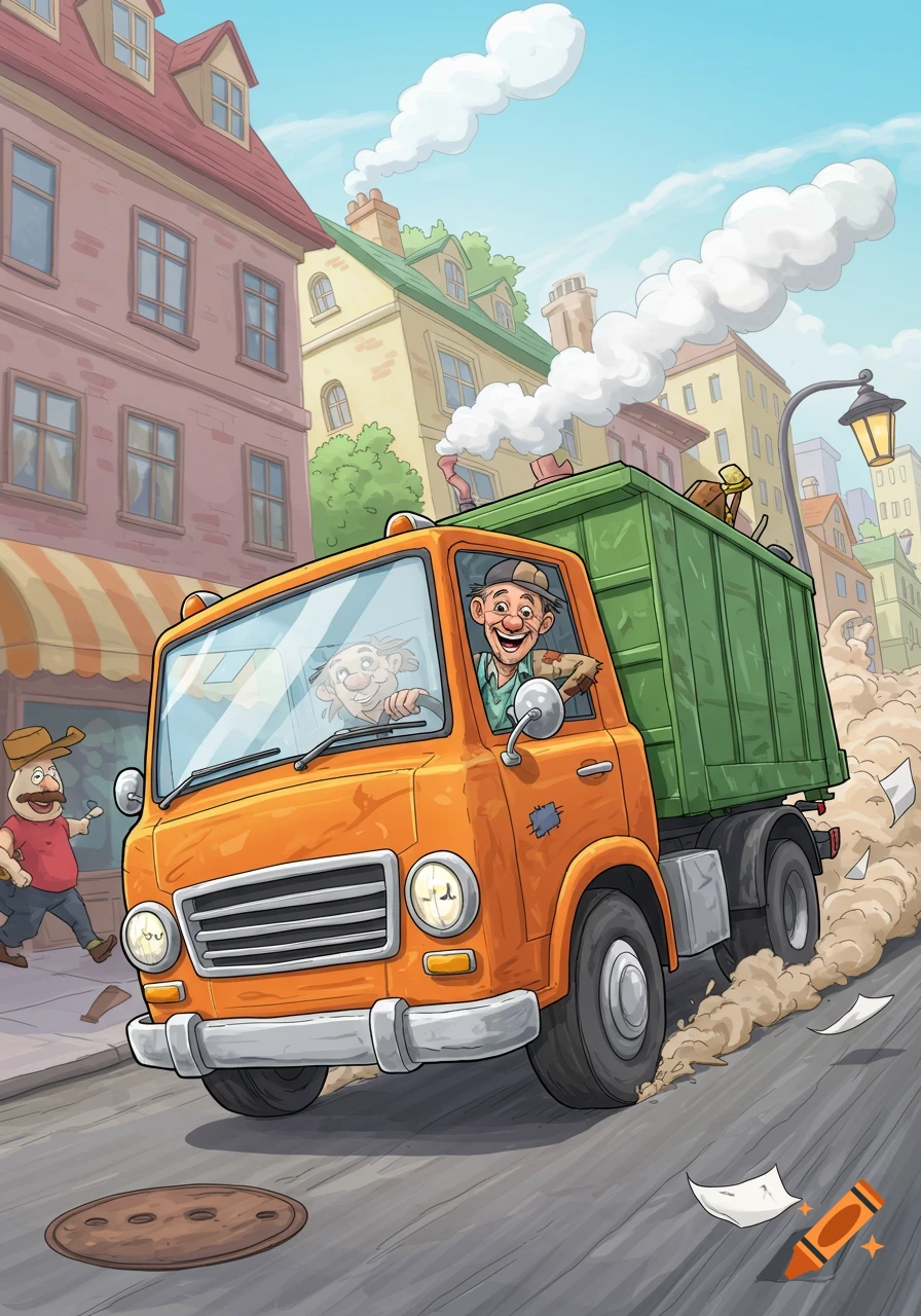 Cartoon bin lorry speeding down a city street, driven by a smiling man, with a passenger and a pedestrian nearby.