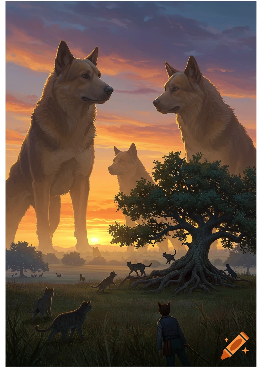 Three towering dogs watch over a grassy field populated by many cats and a small person at sunset in a detailed illustration.