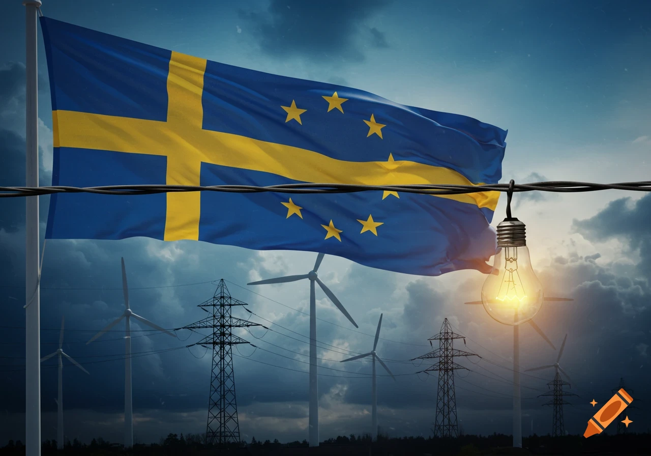 Swedish and EU flags wave over a landscape with wind turbines, power lines, and a glowing lightbulb, symbolizing an energy crisis.