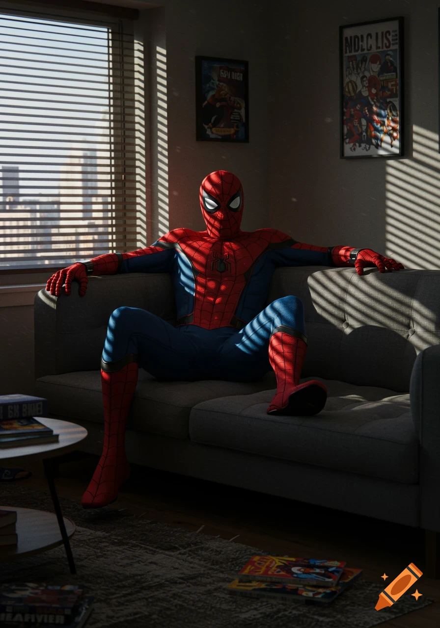 Photorealistic image of Spider-Man in his suit sitting casually on a gray couch in a sunlit room, with posters on the wall and books on the table and floor.