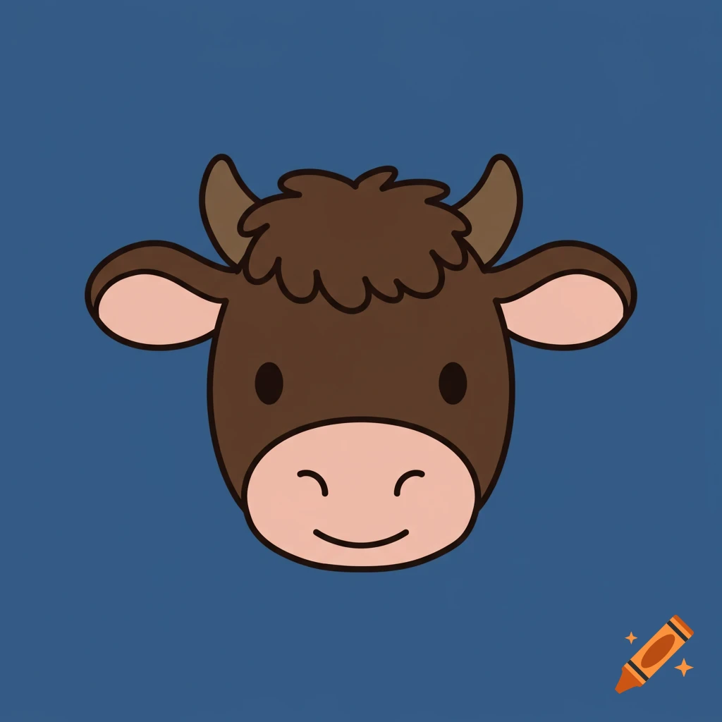 A cute, dark brown cartoon cow face with a tiny smile on a solid blue background.