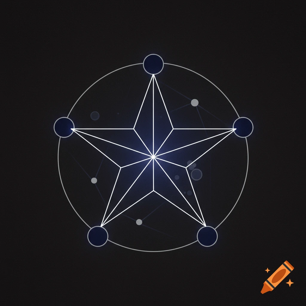 A glowing white five-point star centered within a circle, surrounded by five smaller dark blue circles, on a dark background.