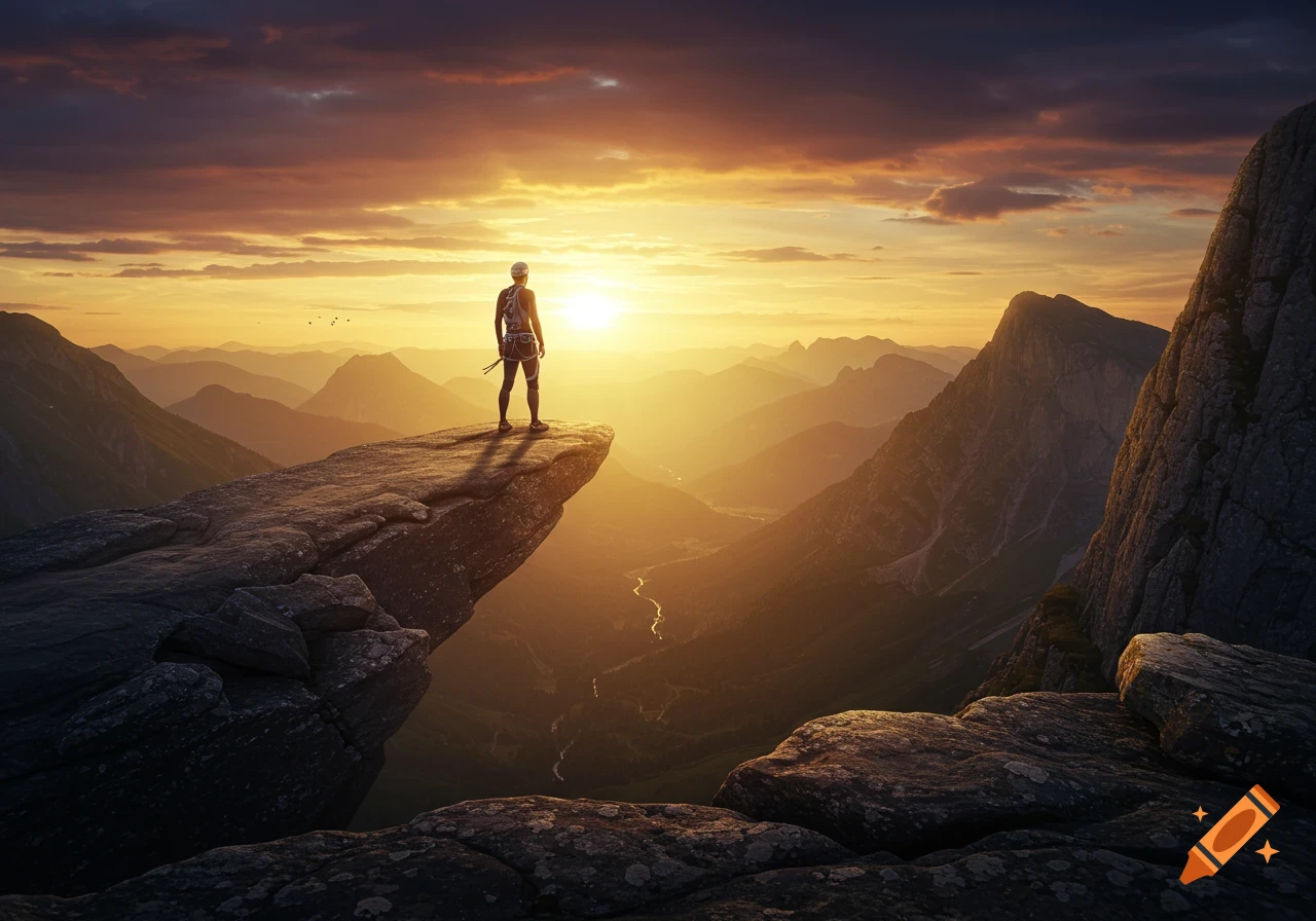 A lone person stands on a mountain peak at sunset, looking out over a vast valley and distant mountains.