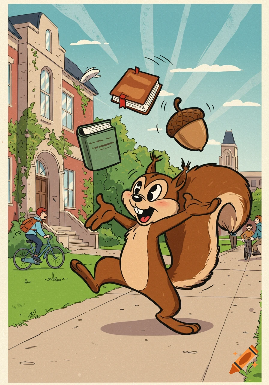 A retro cartoon squirrel cheerfully juggling books and an acorn on a college campus sidewalk with students in the background.