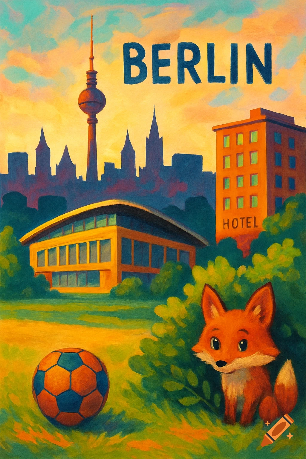A colorful painting of Berlin featuring the TV tower, a hotel, a cute fox, and a soccer ball in the foreground.