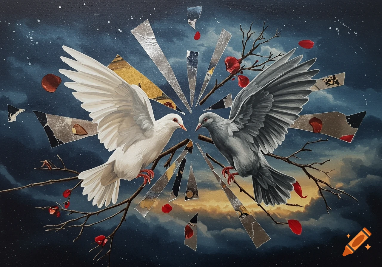 Painting of white and grey doves on branches, facing each other amidst shattered mirror pieces and red petals against a stormy sky.
