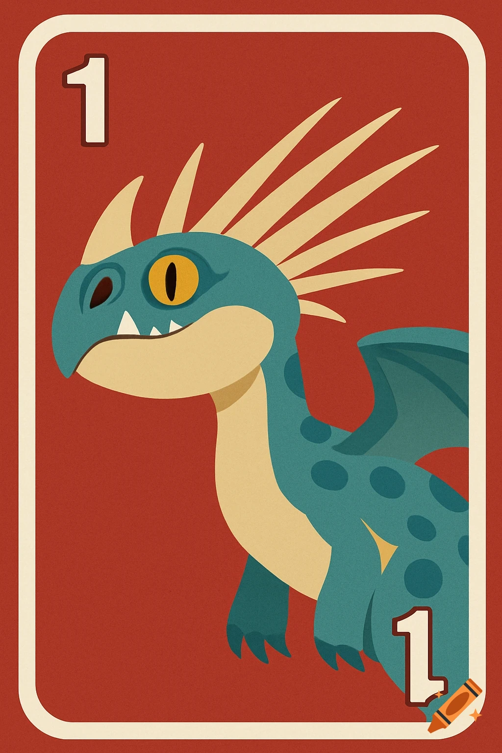 Minimalist UNO card featuring a stylized blue dragon with a red background and the number 1 in white.