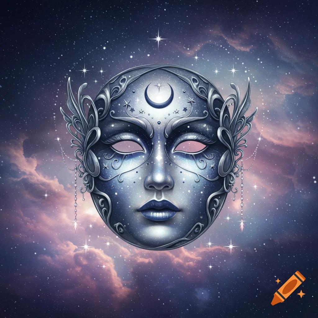 Ornate silvery mask adorned with a crescent moon and stars, set against a cosmic backdrop of purple nebulae and stars.