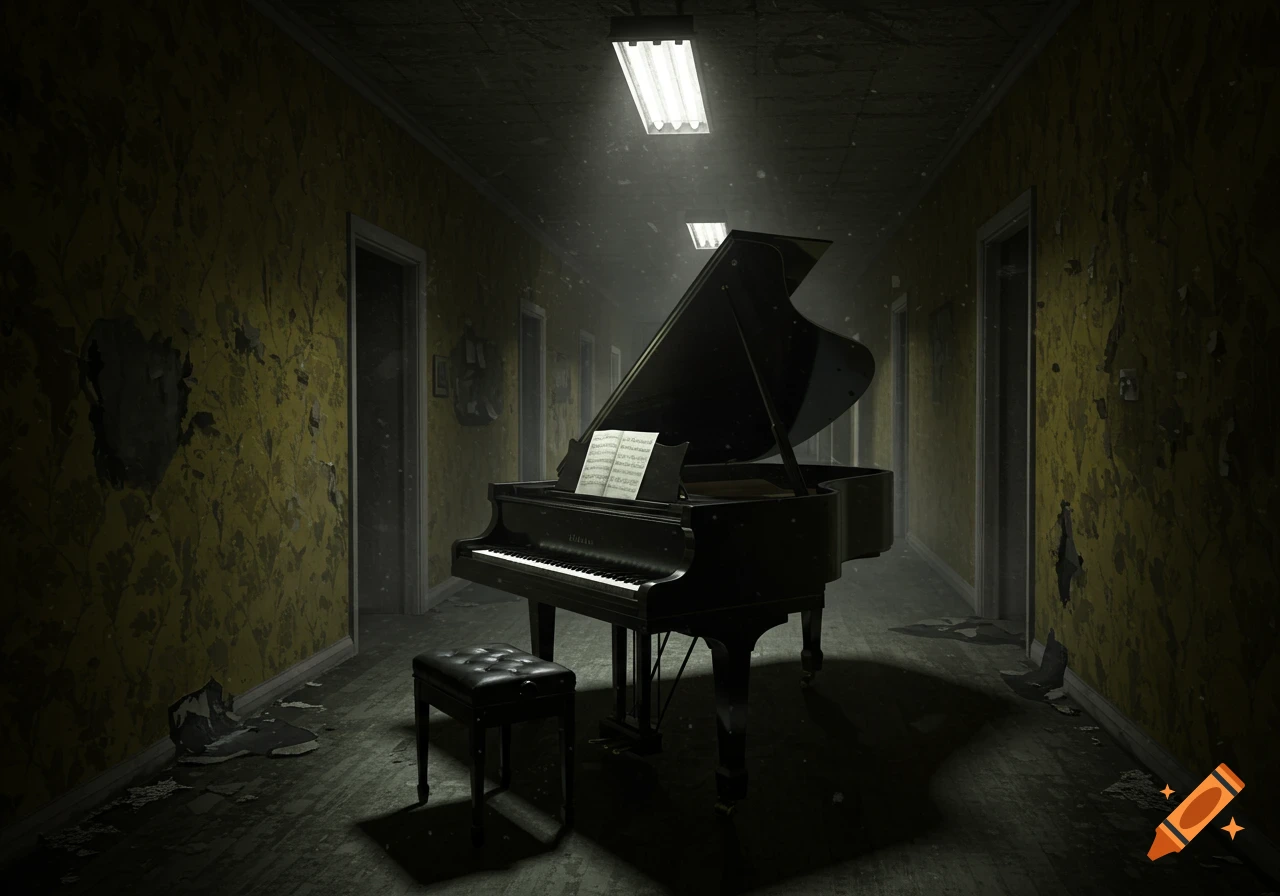 A grand piano with sheet music on its stand sits in a desolate, dimly lit hallway with peeling wallpaper and fluorescent lights, evoking an eerie atmosphere.