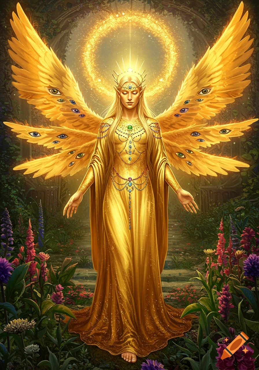 A majestic, winged figure with golden robes, a crown, and multiple eyes on its golden wings stands in a vibrant garden.