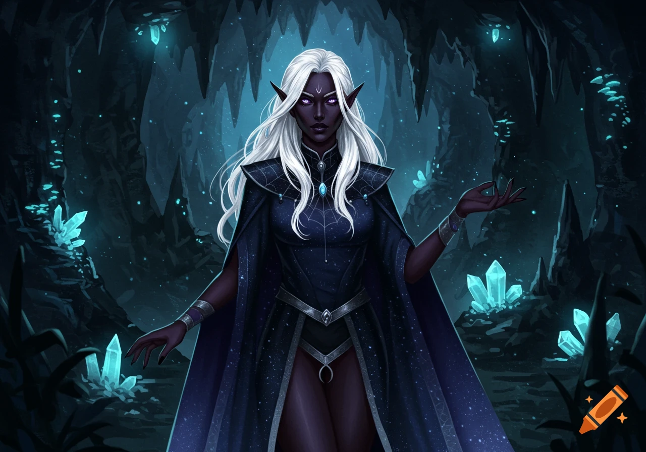 A dark-skinned female Drow with long white hair and purple eyes stands in a glowing crystal cave, wearing a dark cape.