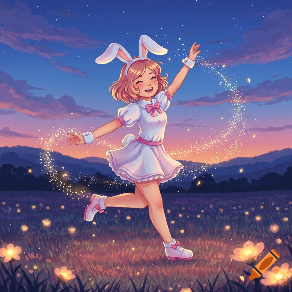 An anime girl in a white bunny costume dances joyfully in a field of glowing flowers at sunset, with sparkles around her.