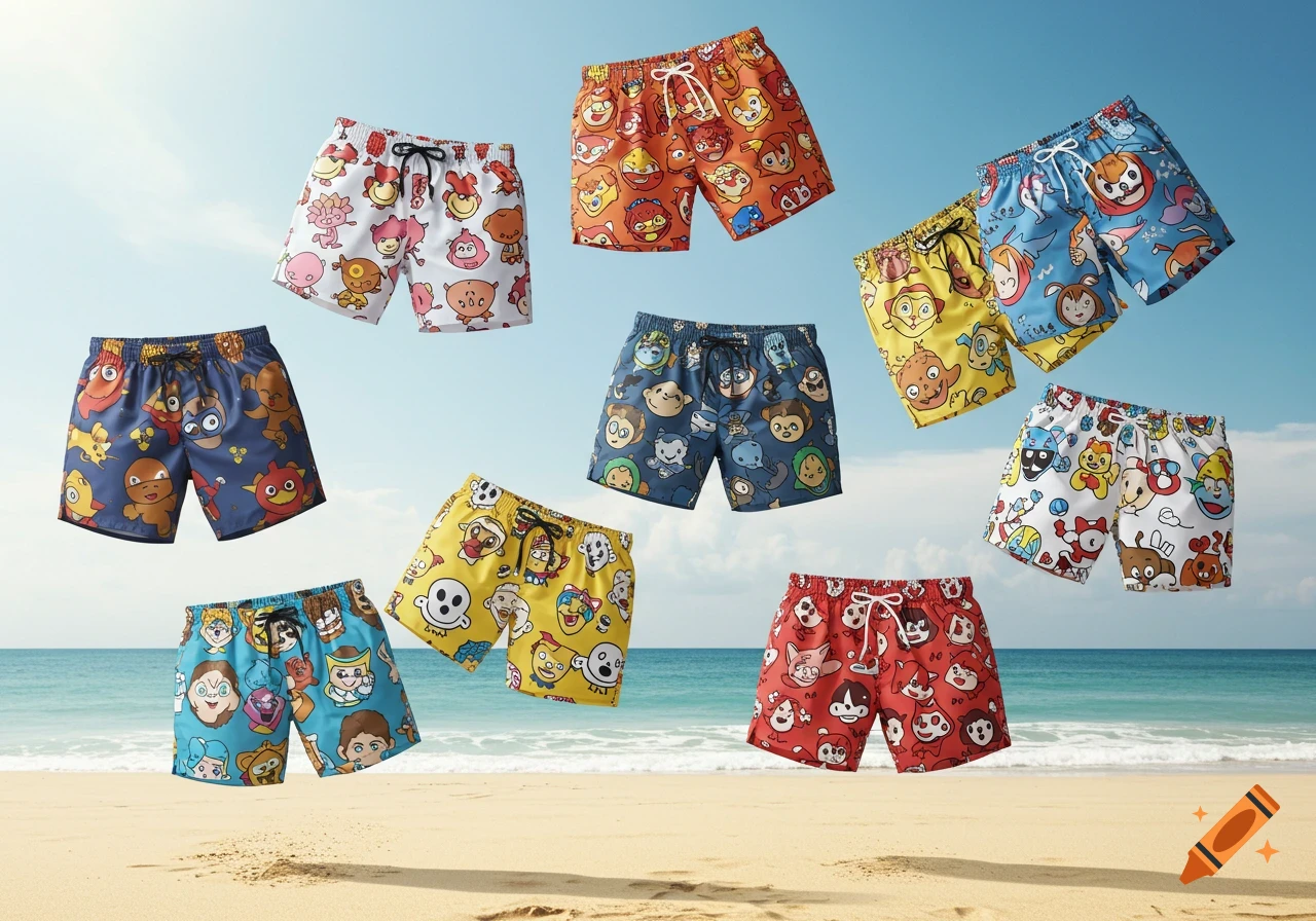 Numerous colorful swim shorts with cartoon character prints float over a sandy beach with the ocean and sky in the background.