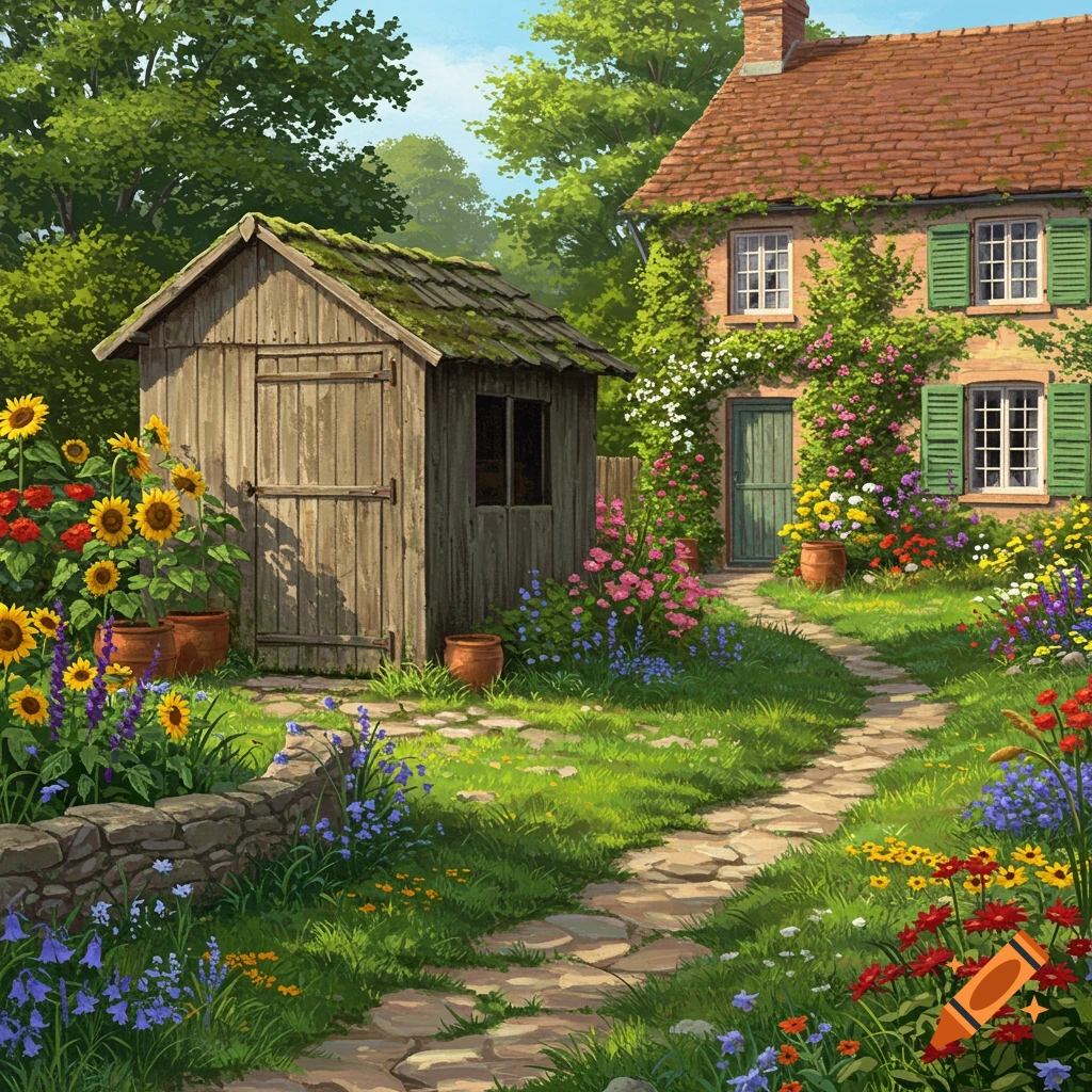 A vibrant garden with a rustic wooden shed and a stone cottage, surrounded by colorful flowers, along a winding stone path.