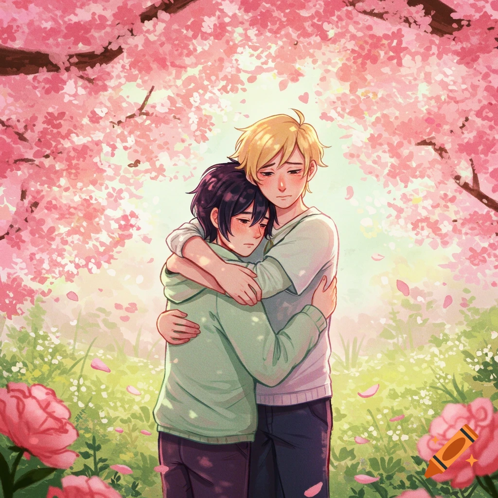 Anime style drawing of two boys, one with dark hair and one with blonde, hugging under a pink cherry blossom tree.