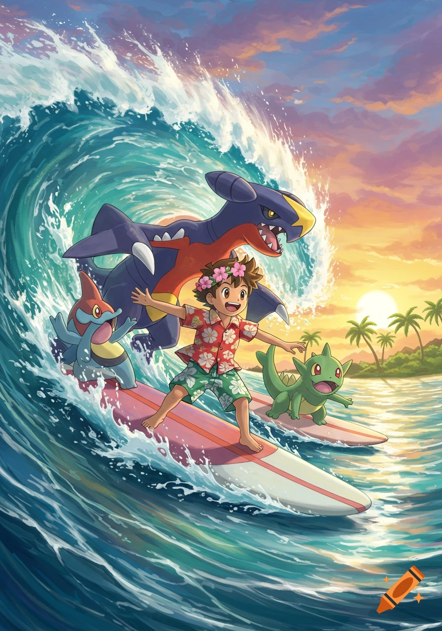 A boy and three Pokémon (Garchomp, Corphish, Larvitar) surf a large wave during sunset by a palm-lined beach in an anime style.