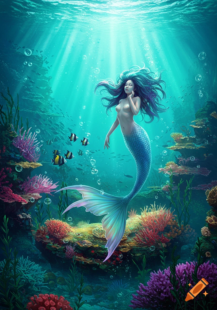 A vibrant illustration of a mermaid with blue hair and a shimmering tail swimming gracefully among colorful coral reefs and tropical fish under sunlit water.
