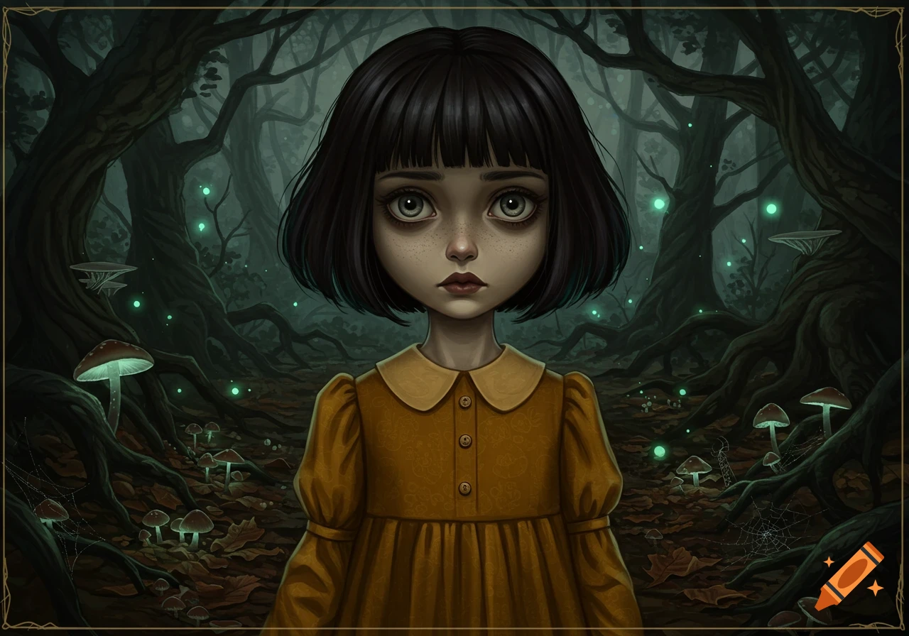 A stylized illustration of a wide-eyed girl in a yellow dress in a dark, eerie forest with glowing mushrooms and fireflies.