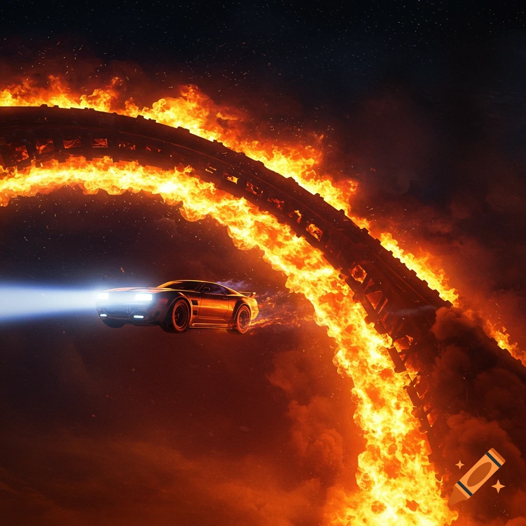 A futuristic car with bright headlights drives on a massive bridge engulfed in fire, set against a dark, starry sky.