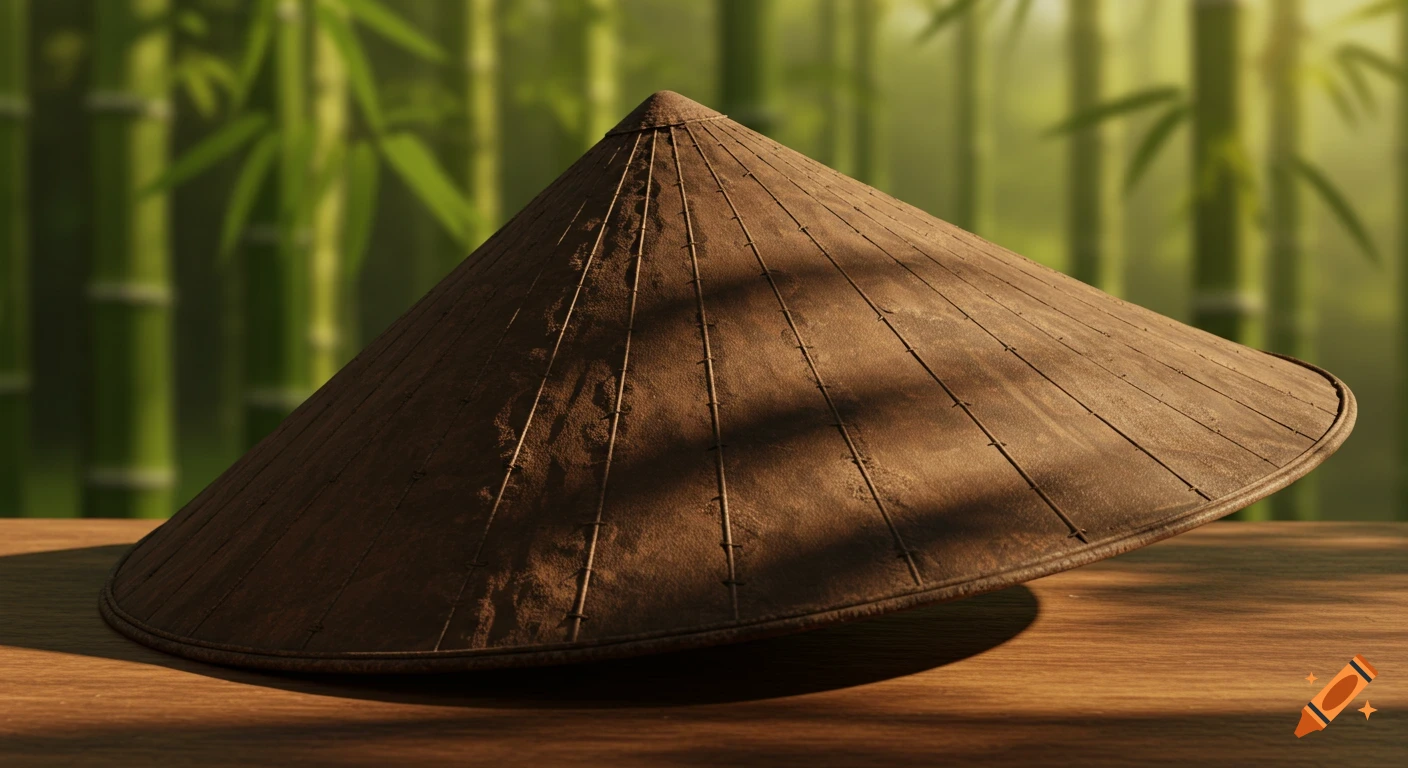 A wide, weathered brown conical hat rests on a wooden table with a blurred bamboo forest in the background.