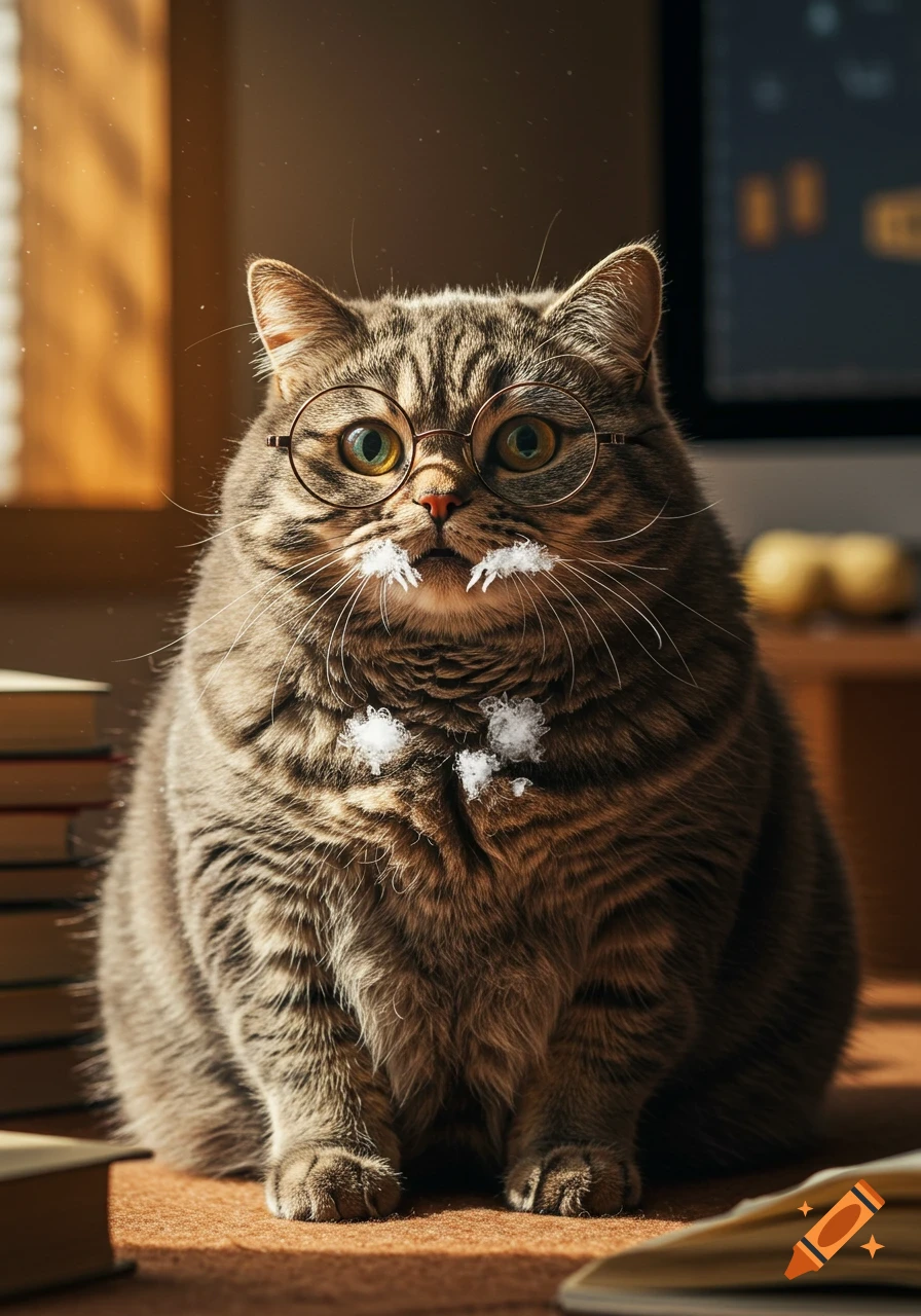 A photorealistic tabby cat with round glasses and white fluff on its face and chest, sitting upright on a desk with books.