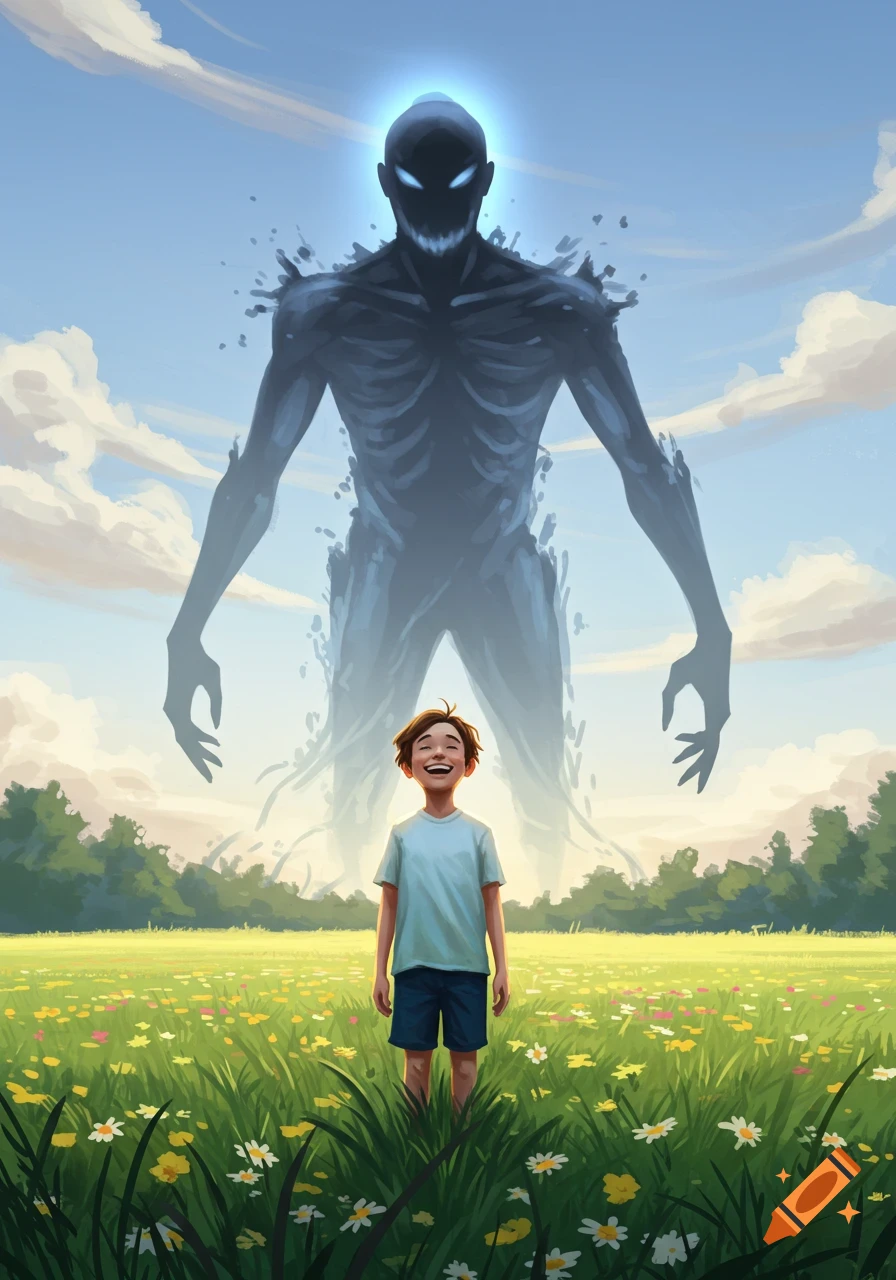 A smiling boy stands in a grassy field with wildflowers, a towering, shadowy monster with glowing eyes looming behind him under a blue sky.