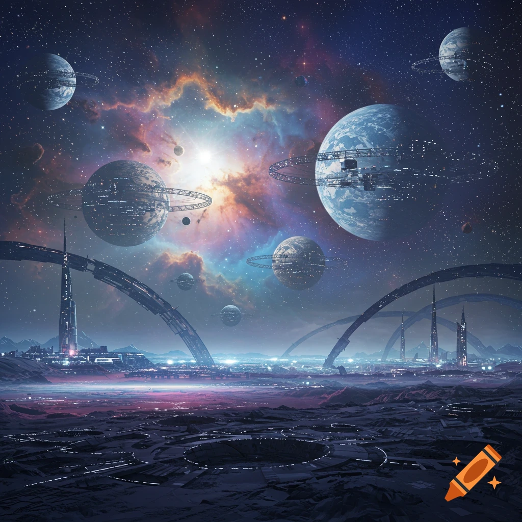 A sprawling futuristic city on a dark planet under a vibrant nebula sky, with multiple ringed planets visible in space.