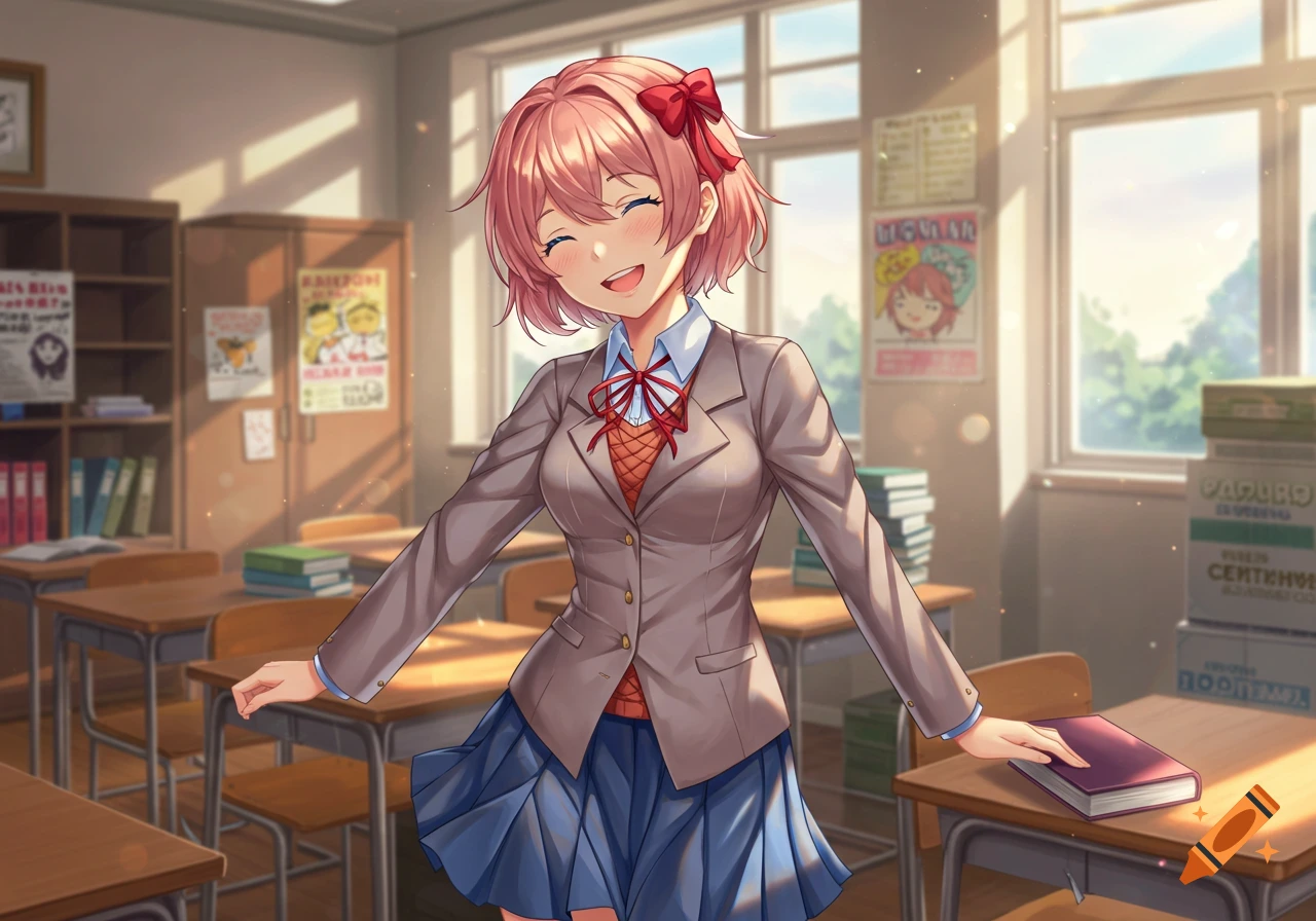 A cheerful anime girl with pink hair and a red bow, wearing a school uniform, stands smiling in a sunlit classroom.