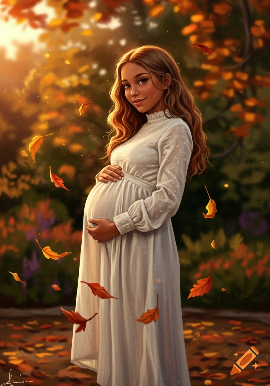 An illustrative portrait of a pregnant woman with long wavy hair, wearing a white dress, standing amidst falling autumn leaves in a golden-lit park.