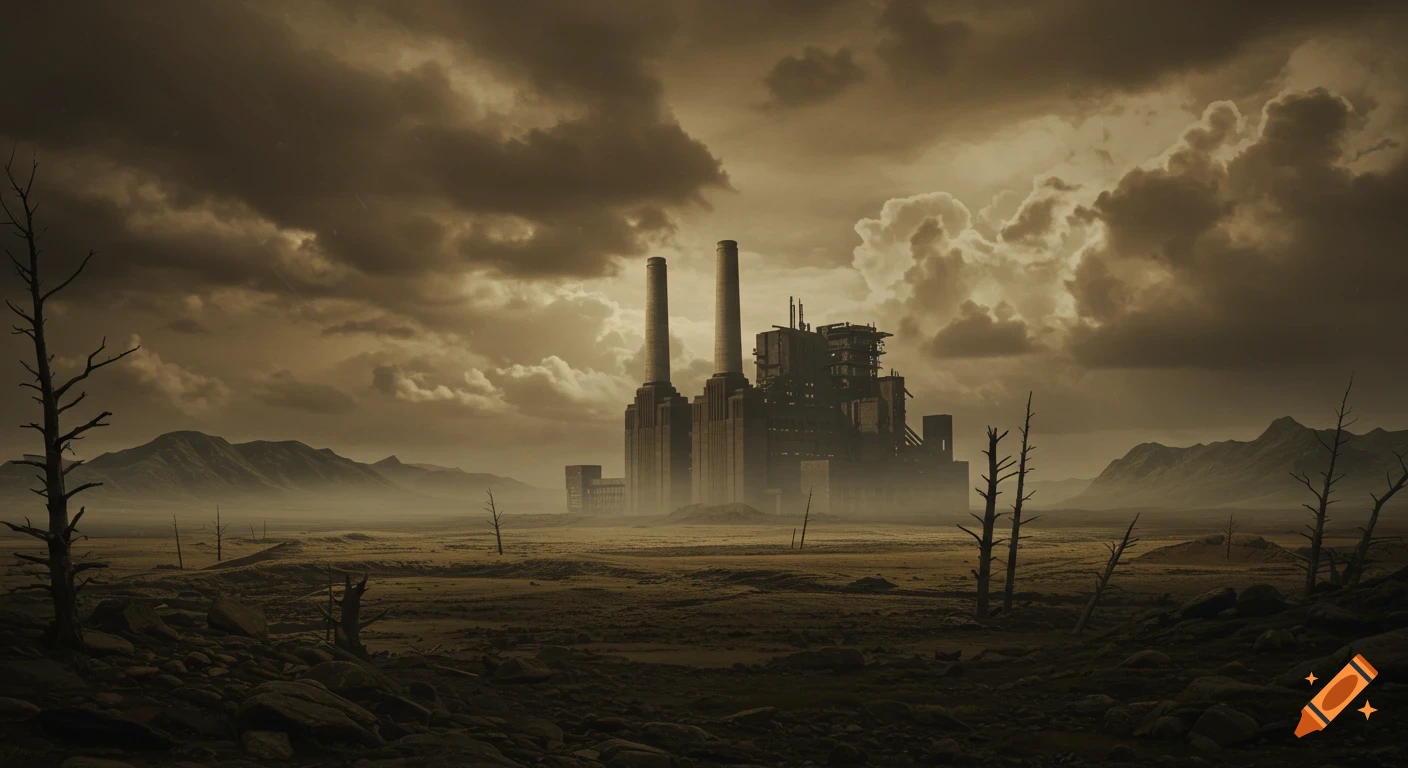 Desolate sepia landscape with abandoned power station, dead trees, and mountains under stormy sky, retro sci-fi matte painting.