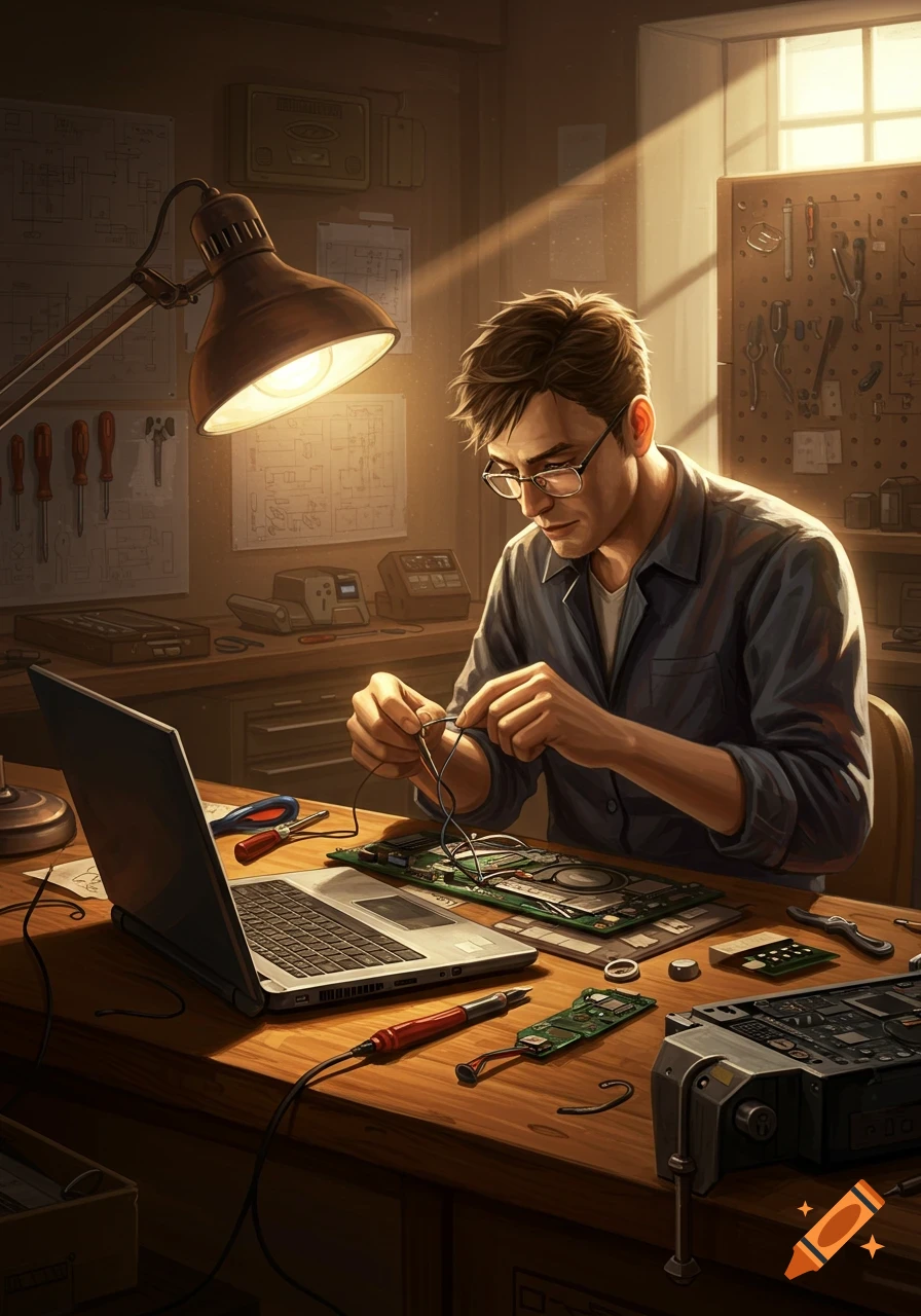 A man in a workshop intently soldering wires on an electronic circuit board with a laptop nearby.