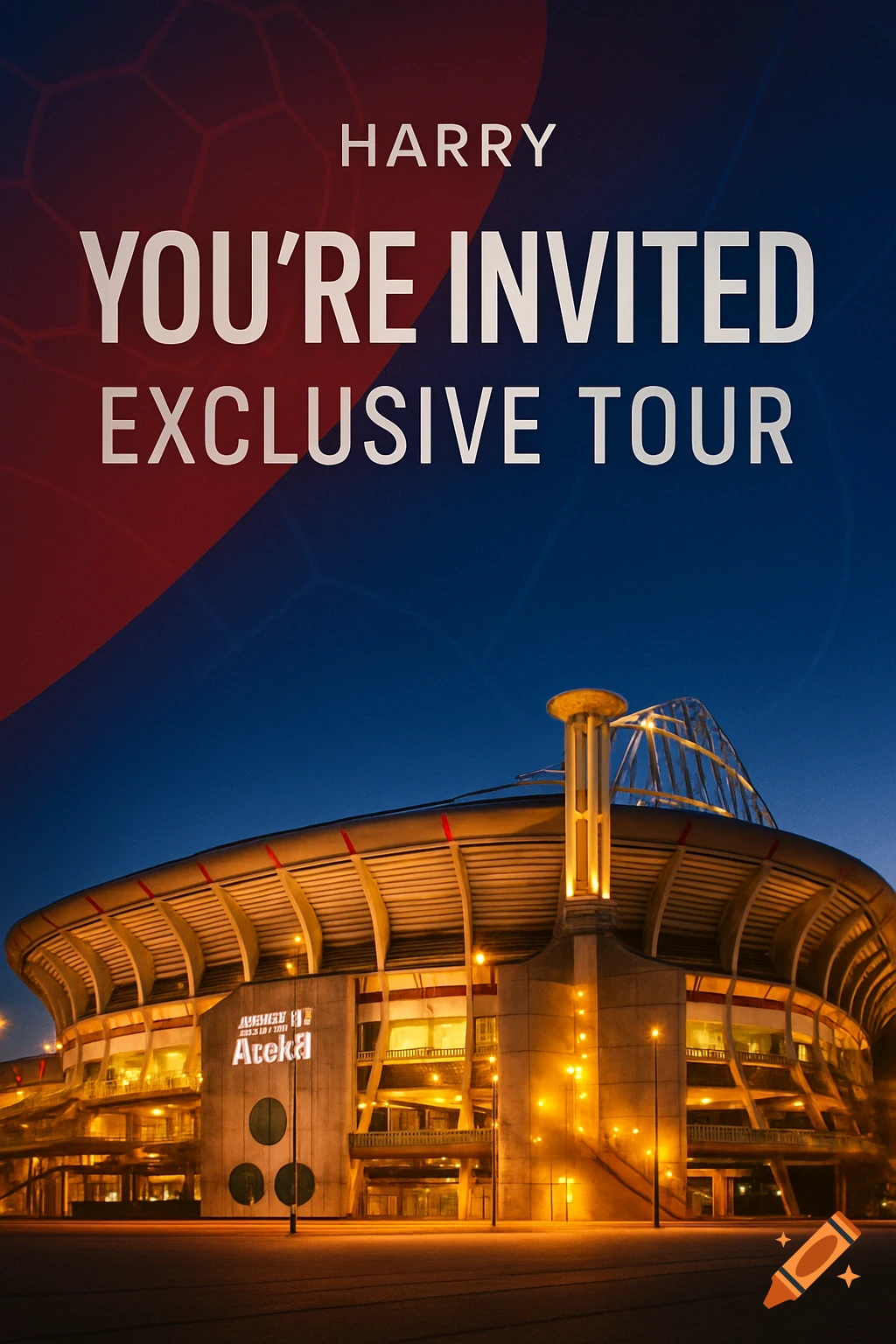 An illuminated stadium at dusk with red and blue accents and the text "HARRY YOU'RE INVITED EXCLUSIVE TOUR" overlaid.