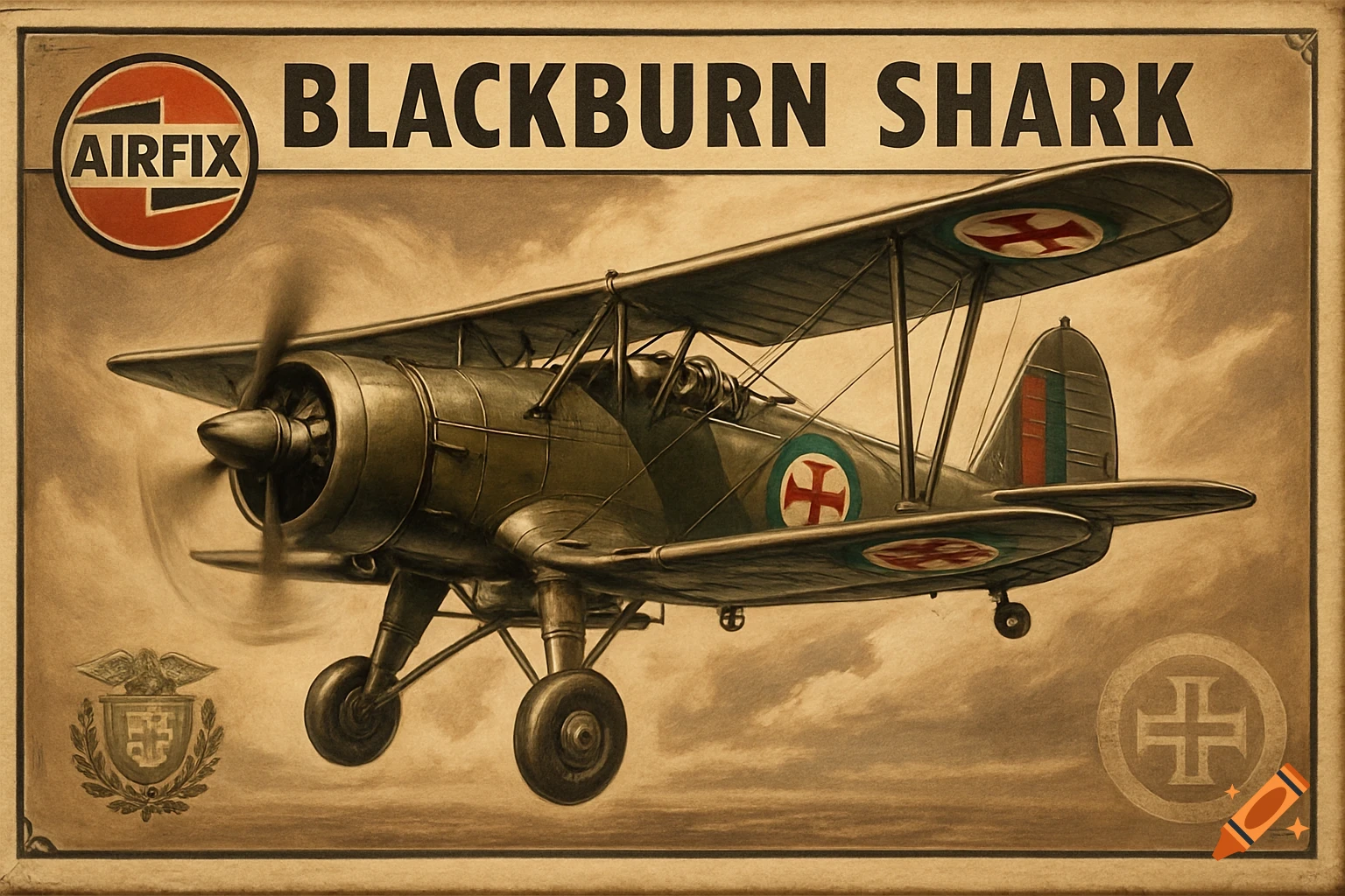 Vintage Airfix model kit box art for a Blackburn Shark biplane, with Portugal markings, against a sepia sky.