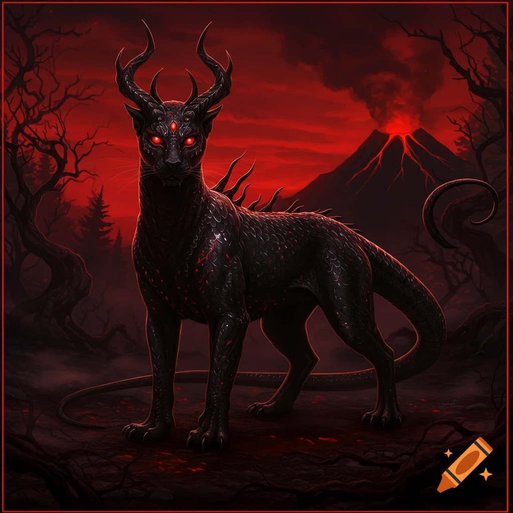 A black horned demon-cat-lizard hybrid creature with glowing red eyes stands in a dark, red landscape with an erupting volcano.
